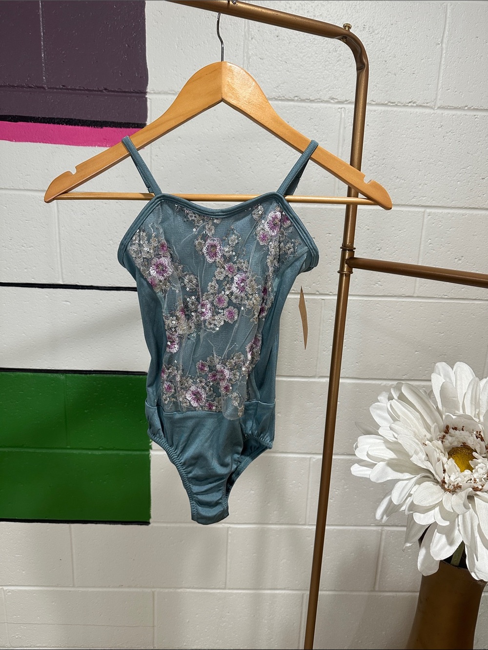 3 piece Costume. Embellished Slate Mesh Bodysuit with Floral Appliqué